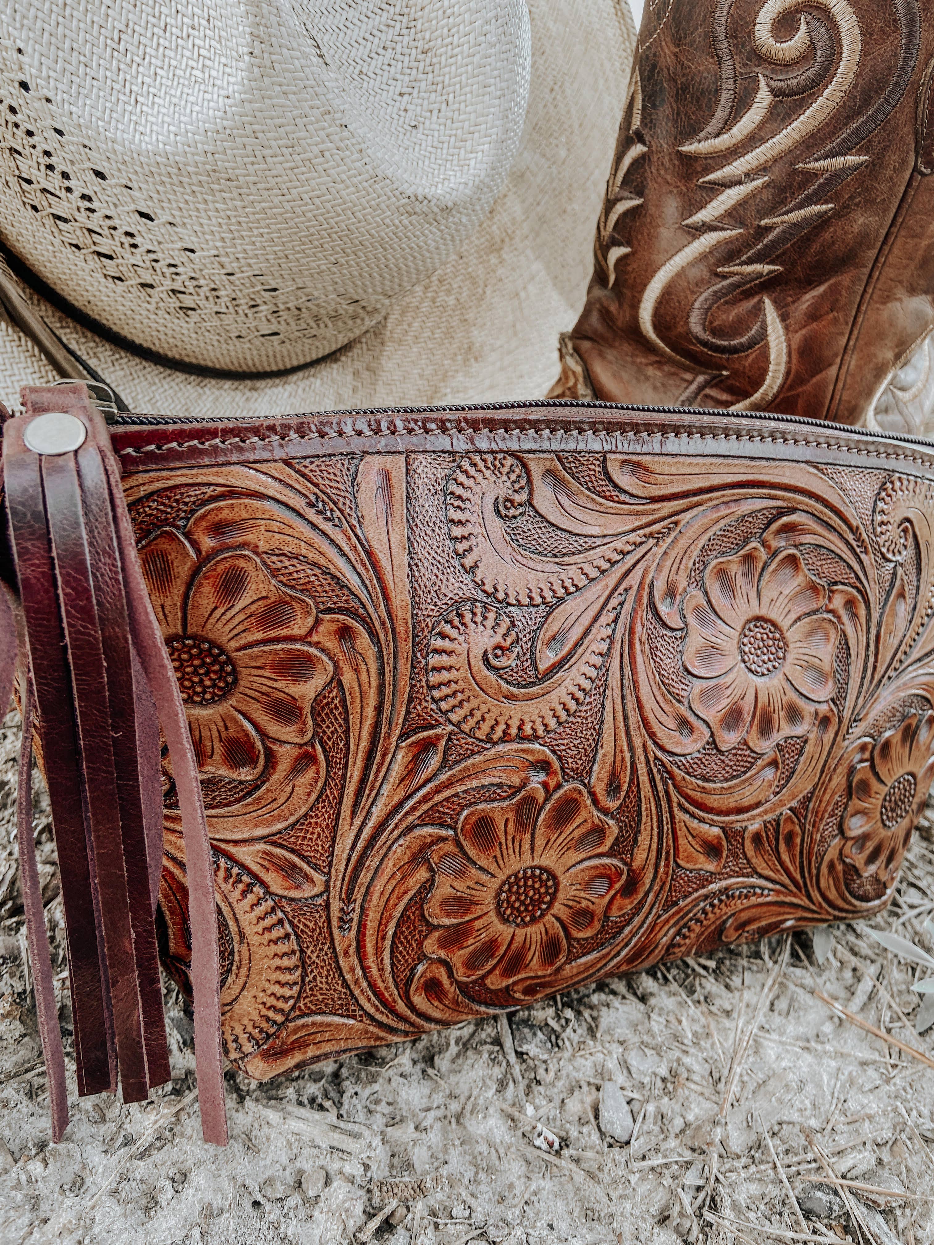 Whiskey Tooled Leather Wristlet
