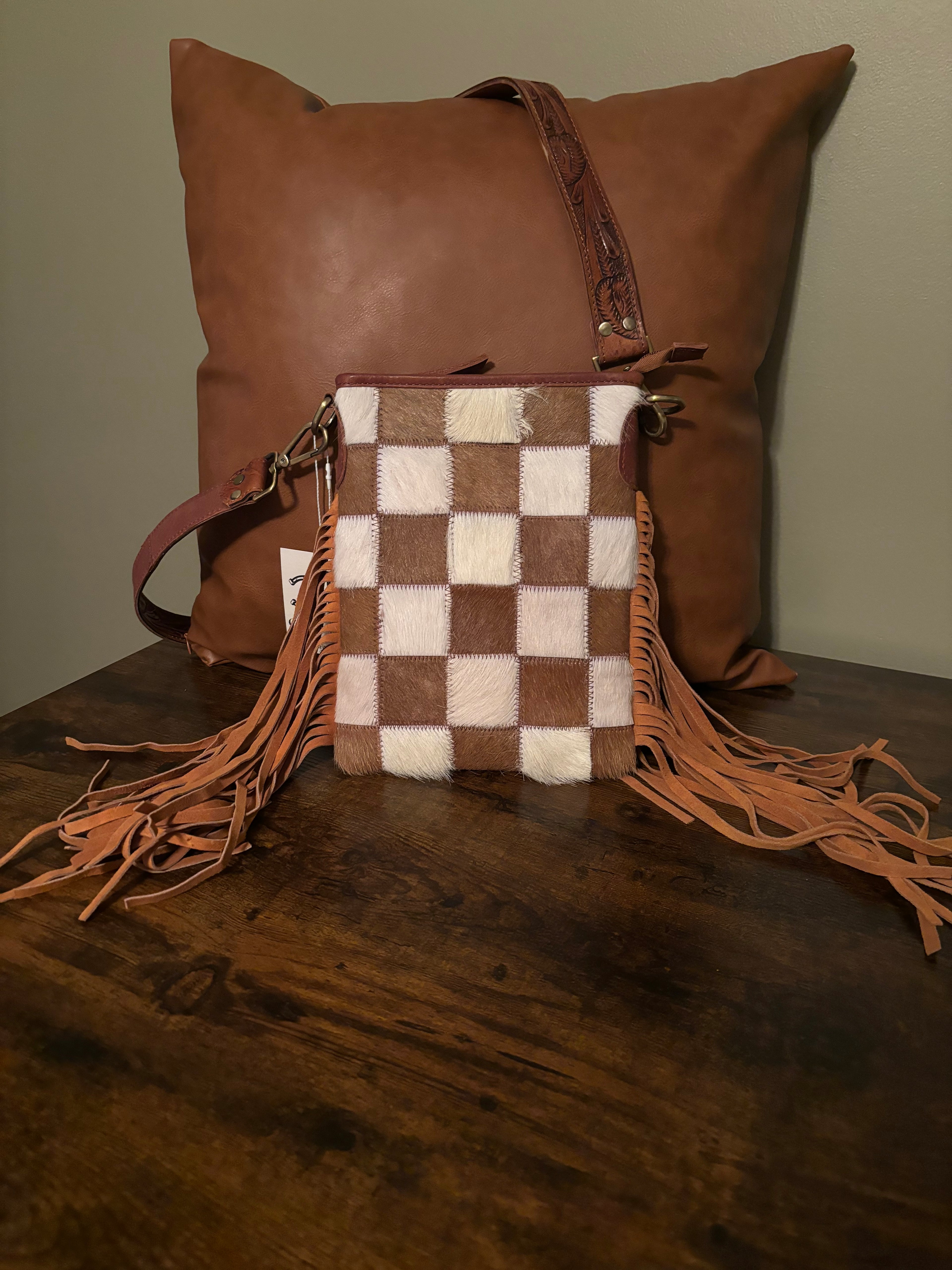 Checkerboard Cowhide Fringe Crossbody