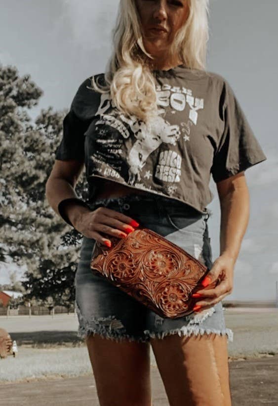 Whiskey Tooled Leather Wristlet