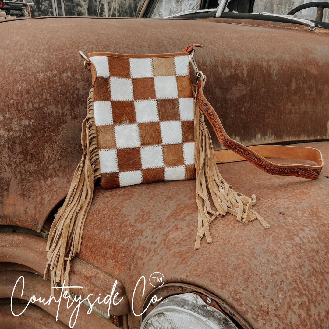 Checkerboard Cowhide Fringe Crossbody
