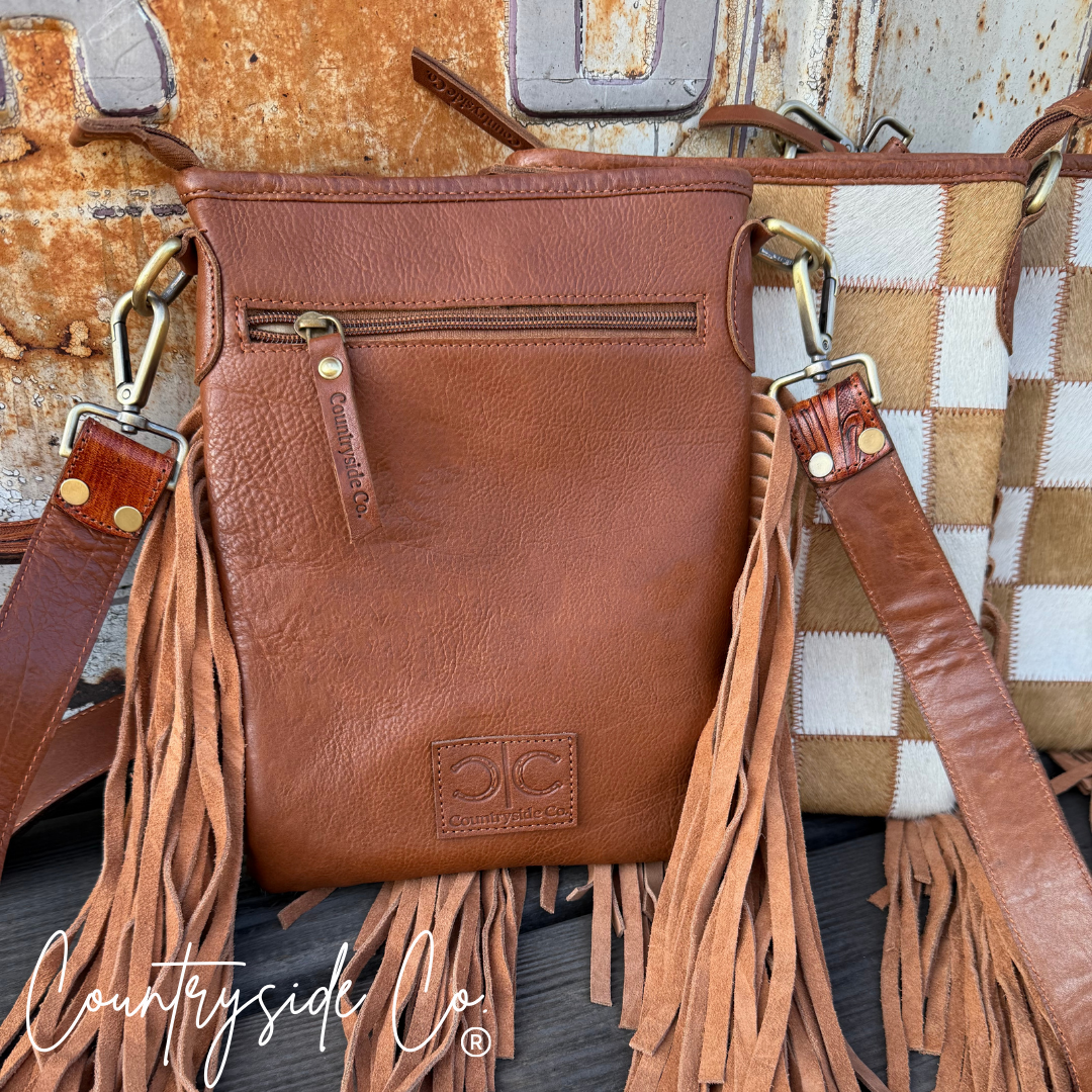 Checkerboard Cowhide Fringe Crossbody
