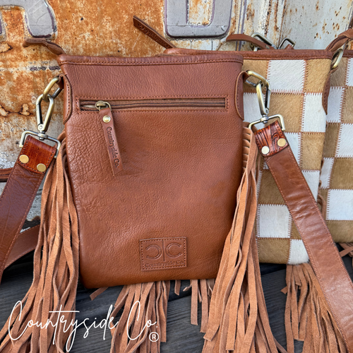 Checkerboard Cowhide Fringe Crossbody