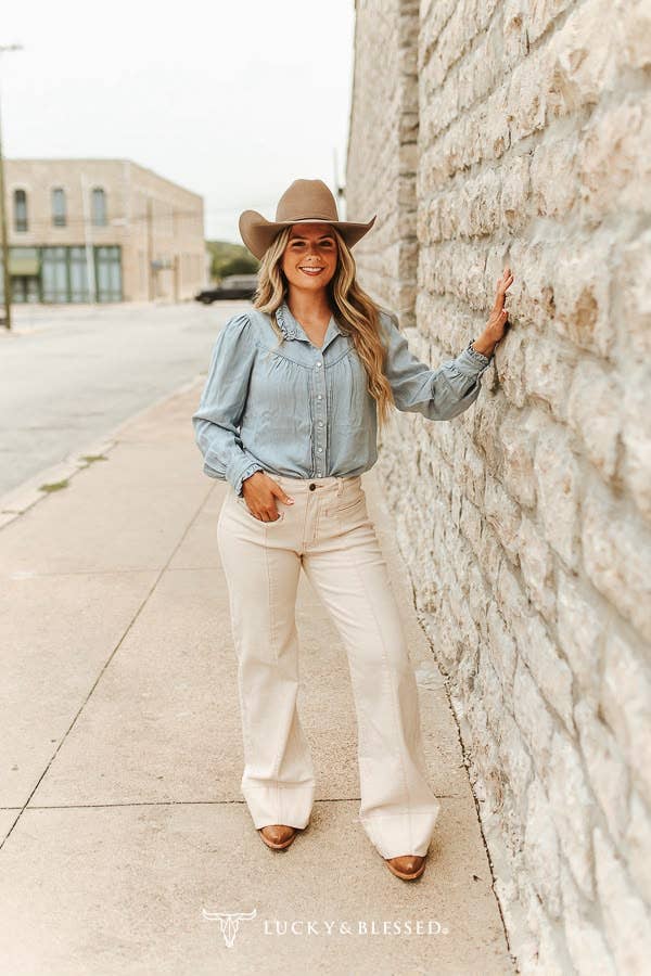 Blue Sage Ruffle Denim Blouse