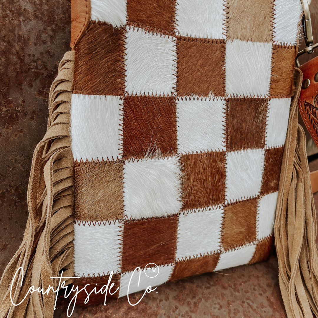 Checkerboard Cowhide Fringe Crossbody
