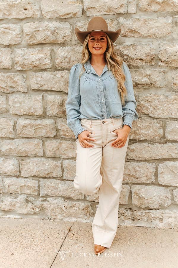 Blue Sage Ruffle Denim Blouse