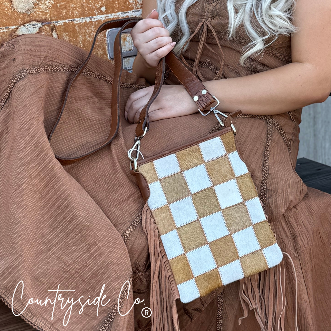 Checkerboard Cowhide Fringe Crossbody