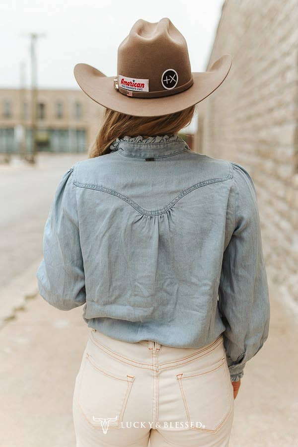 Blue Sage Ruffle Denim Blouse