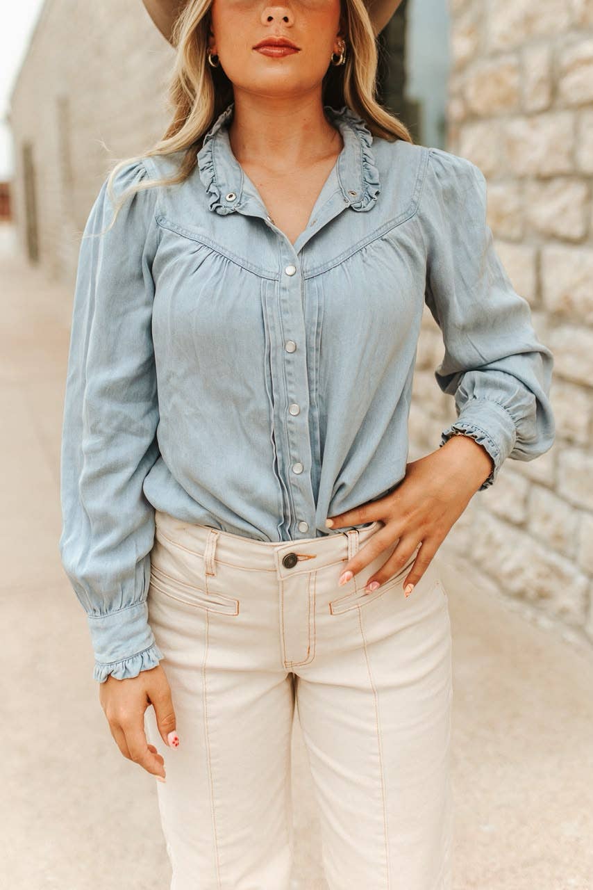 Blue Sage Ruffle Denim Blouse