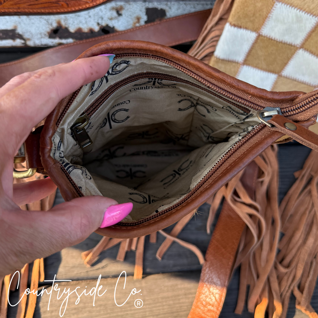 Checkerboard Cowhide Fringe Crossbody